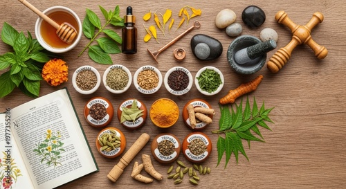Ayurvedic Ingredients And Tools Arranged On Wooden Surface With Herbal Book And Honey