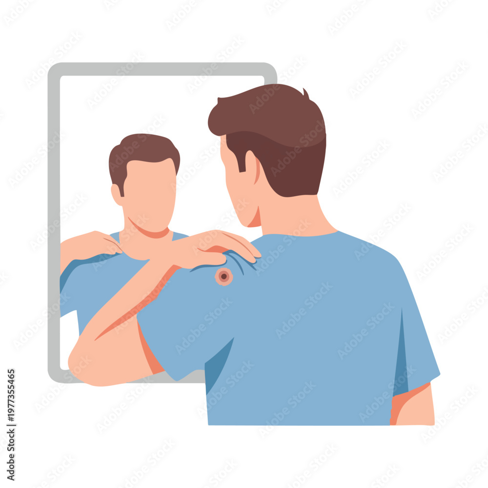 Fototapeta premium Man Examining Skin Spot in Mirror for Health Check.