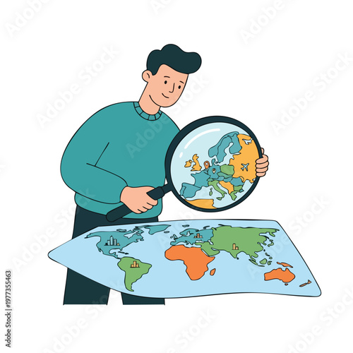 Man Examining Europe Map with Magnifying Glass.