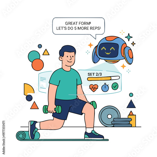 Man exercising with dumbbells and robot assistant.