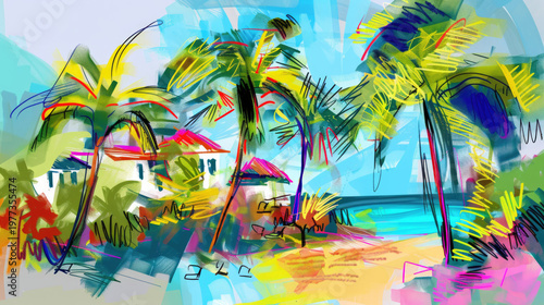 Abstract tropical beach landscape background with vibrant palm trees and colorful brushstrokes