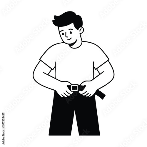 Man fastening his belt on dark pants.