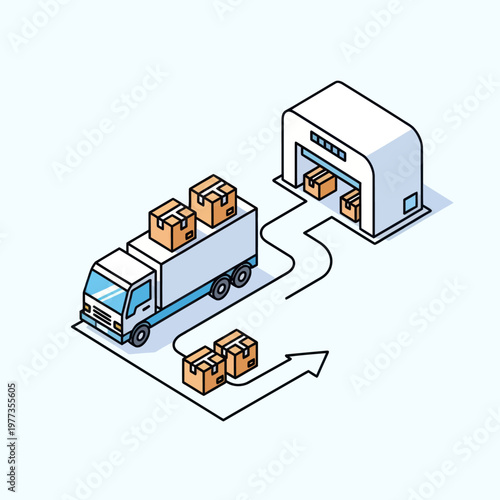 Isometric Illustration of Delivery Truck and Warehouse with Boxes.
