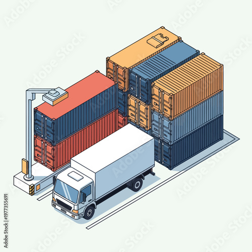 Isometric View of Truck and Shipping Containers at Port.