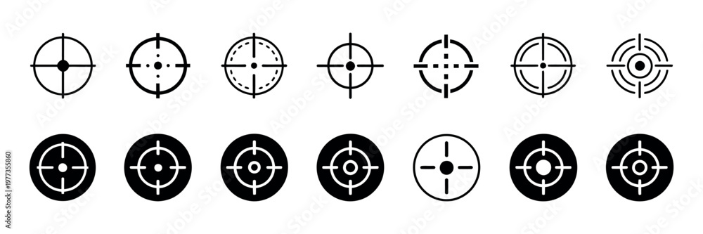 Fototapeta premium Target icons vector collection including crosshairs and bullseye symbols for accuracy, shooting, navigation, game design, and interface illustration