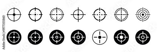 Target icons vector collection including crosshairs and bullseye symbols for accuracy, shooting, navigation, game design, and interface illustration