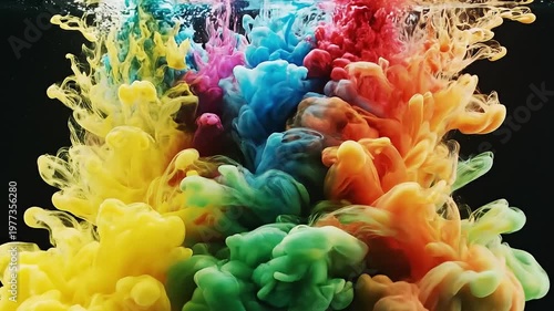 Dynamic explosion of yellow, red, blue, and green ink clouds in water against a black background. Abstract colorful paint swirls and fluid motion.