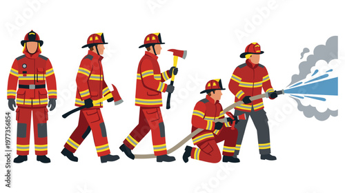 Firefighter crew in protective uniform using equipment and hose for fire rescue.