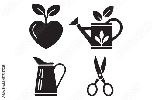 Black silhouettes of gardening tools fruit and a watering can