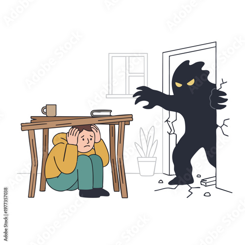 Man hiding from monster under table fear concept.