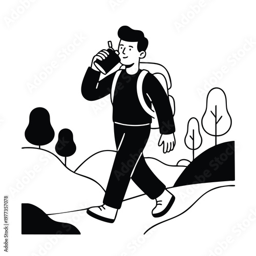 Man Hiking and Drinking from a Cup.