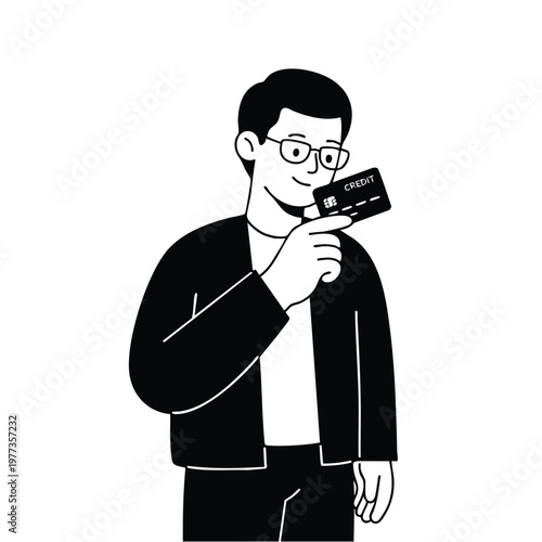 Man Holding Credit Card with Glasses and Jacket.