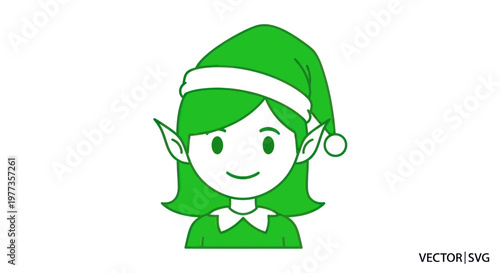 Cute Green Elf Character with Pointed Ears and Santa Hat