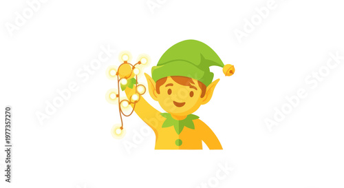 Cute Elf Holding Twinkling Christmas Lights