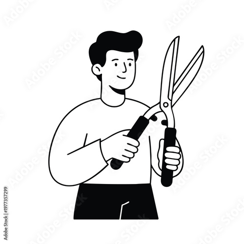 Man Holding Large Garden Shears Ready for Work.