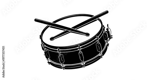 Snare Drum with Drumsticks, Black and White Silhouette, Music Instrument