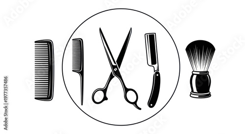 Vintage Barbershop Tools Icon: Scissors, Razor, Comb, Shaving Brush Set