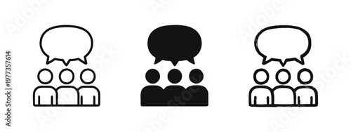 News reporter icon set with a woman holding a microphone in outline, solid, and sketchy styles