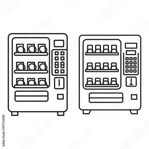 Line art illustration of two vending machines side by side showcasing snack and drink options