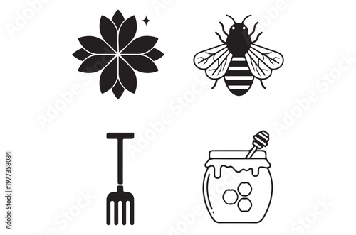 Black and white icons depicting a bee flower honey and gardening tools