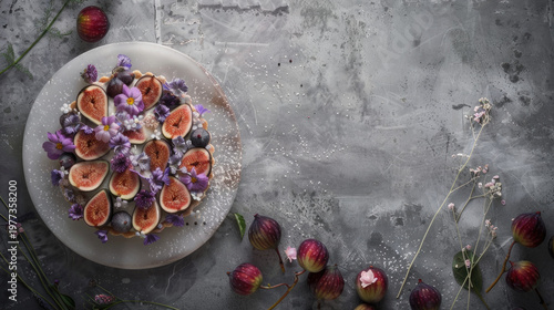 Chocolate tart with fresh figs and edible flowers on rustic background