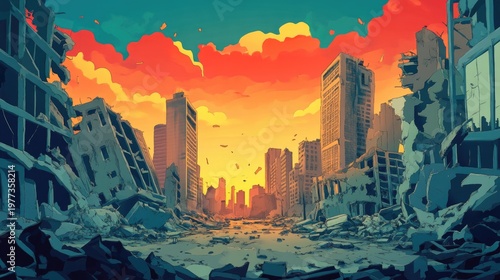 Concept illustration of a destroyed city after war, background illustration