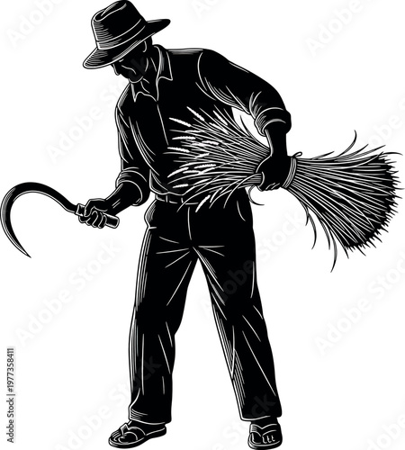 Vintage illustration of a scarecrow with broom and sickle black and white design