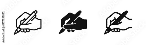 Writing hand icon set holding a pen for signature, drawing, or taking notes in multiple styles