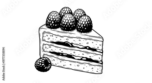 Raspberry cake slice vector isolated, layered sponge cake, pink frosting, fresh berries, sweet dessert, clean design, scalable illustration