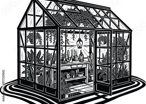 Black and White Linocut Greenhouse Illustration Featuring Potted Plants Gardening Tools and a Hanging Lantern in a Rustic Glass Conservatory