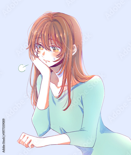 溜息をつく女性　汗　頬杖