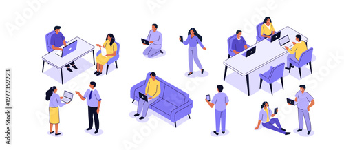 Business people working in office set. Characters communicate at work, participate in meeting, job interview and do other activities. Vector isometric illustration.