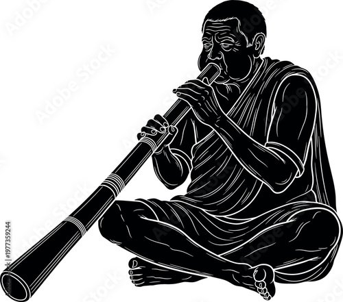 A black and white illustration of a musician playing a didgeridoo seated in a traditional pose