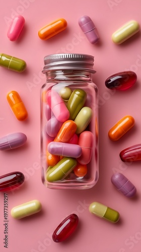 capsule bottle with scattered supplements on clean background, soft highlights, fresh wellness energy, minimal lifestyle concept