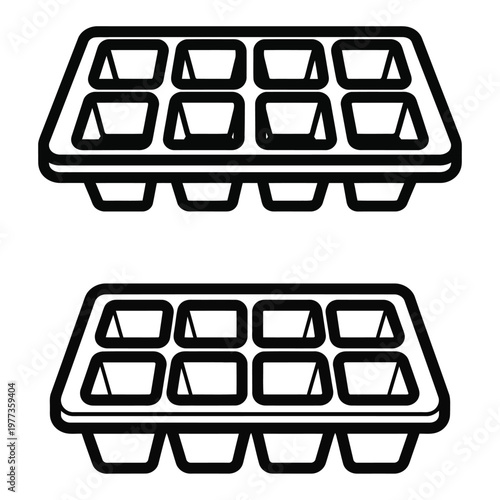 Black and white line drawing of two rectangular ice cube trays top and side view