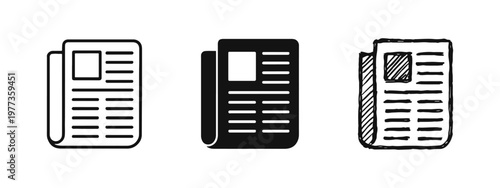 Newspaper Icon Set in Outline Silhouette and Hand Drawn Styles for Media Press and Information Design