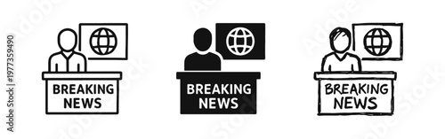 Breaking News Icon Set Featuring News Anchor and Globe in Outline Silhouette and Hand Drawn Styles