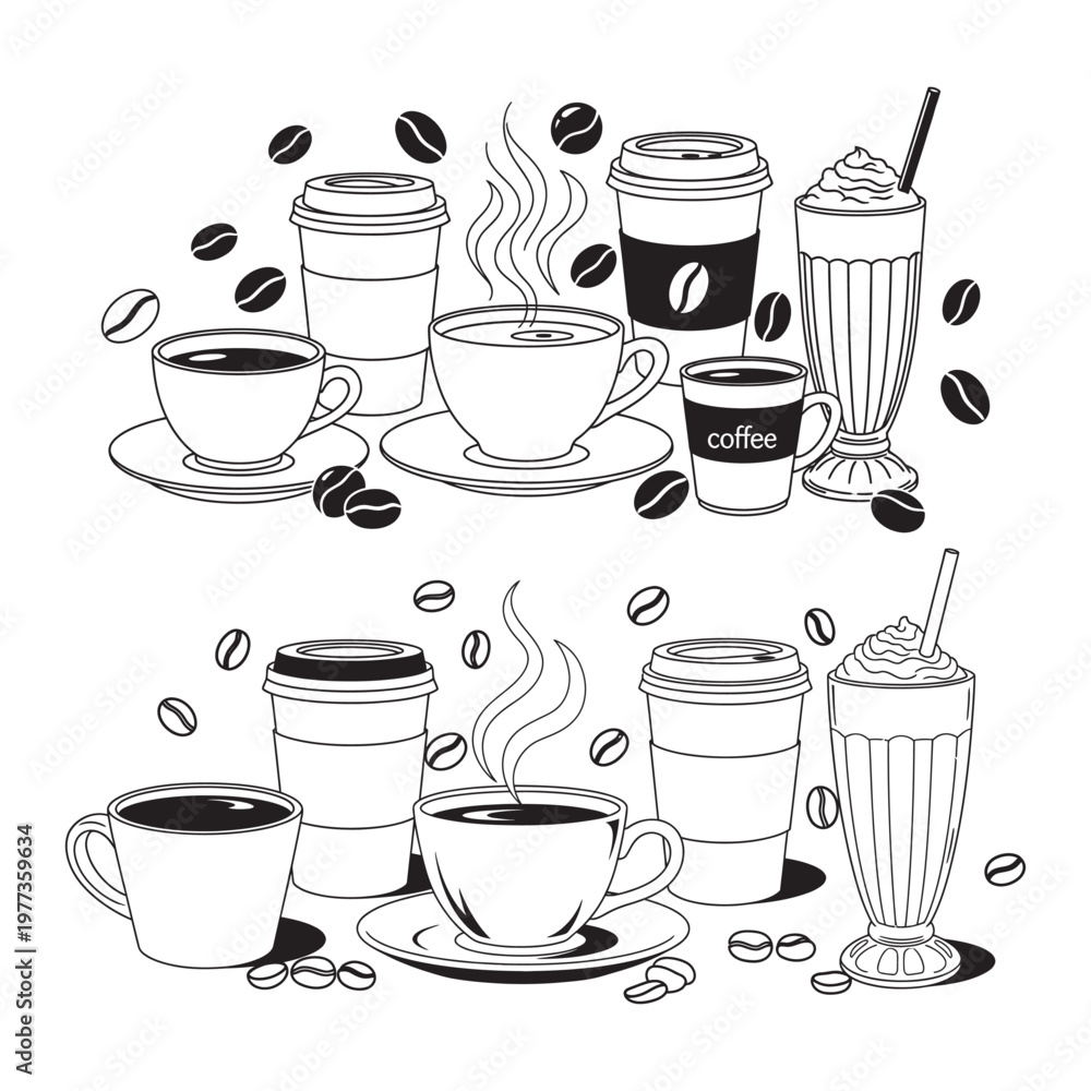 Obraz premium Coffee collection a black and white sketch of various coffee cups and beans