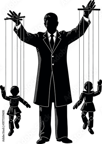 A stark silhouette depicts a man as a puppet master controlling two smaller figures with strings symbolizing manipulation