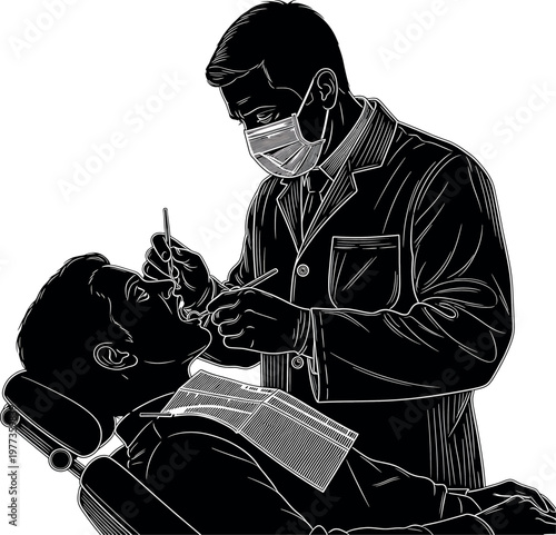 Vintage illustration of a dentist performing dental work on a patient circa 19th century