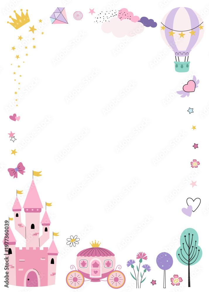Fototapeta premium Cute frame with fairy castle, stars and magic elements in flat style. Kids template with empty space