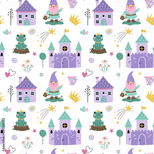 Cute seamless pattern with fairytale houses, frog in a crown, gnome and magic elements. Kids kingdom background