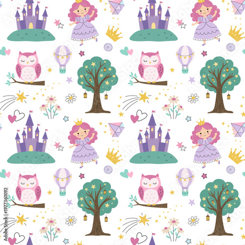 Cute seamless pattern with princess, castle, owl, fairytale elements. Children's kingdom background