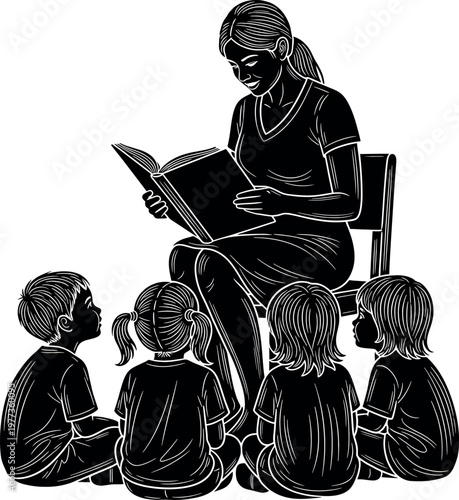 A black and white illustration of a storyteller engaging children in a narrative