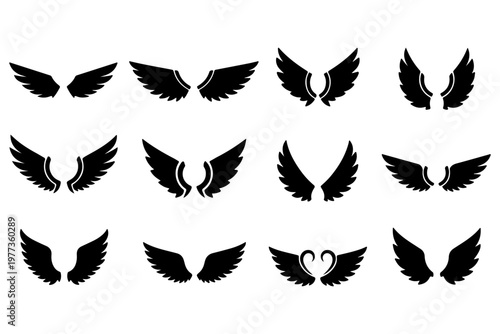 Angel Wings Icons Collection, Sketch Style Feathers, Minimal Solid Vector Design