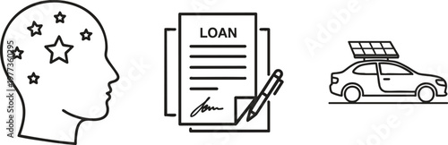 Eco friendly car loan, solar powered vehicle financing, green transportation concept icons