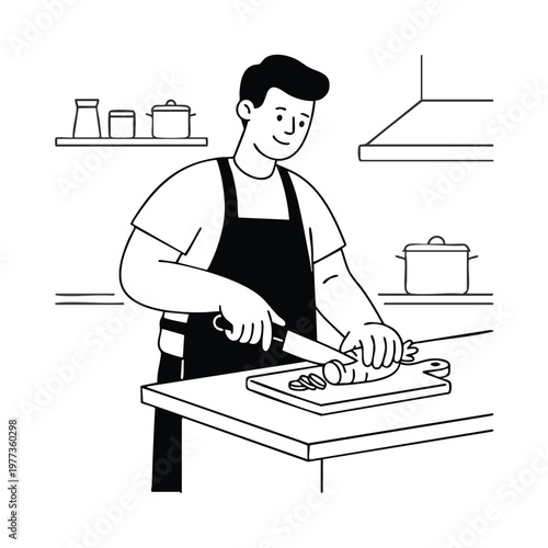 Man in Apron Chopping Vegetables in Kitchen.