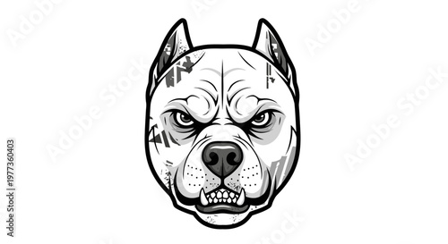 Aggressive Pitbull Dog Head Illustration, Fierce Expression, Tattoo Style