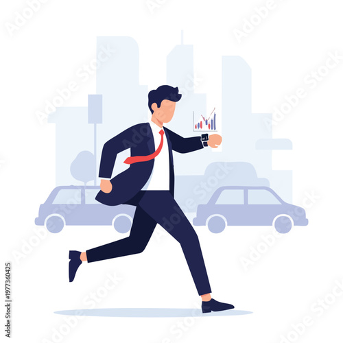 Man in Suit Running Urgently Checking Watch in City.