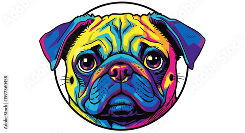 Vibrant Pop Art Pug Portrait - Colorful Dog Face Illustration